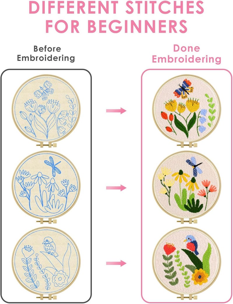 TINDTOP 3 Sets Punch Needle Kits, Flowers Punch Embroidery Kits for Adults Beginner, Tool with Punch Needle Fabric, Hoops, Yarns and Sewing Needles - Image 3